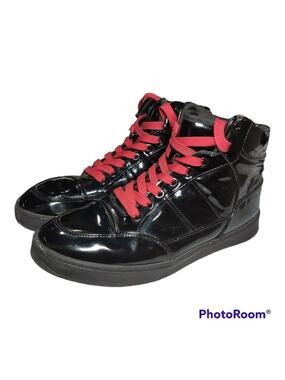 Zara Patent Leather High Top Sneakers Black Red Lace Up Women US 9